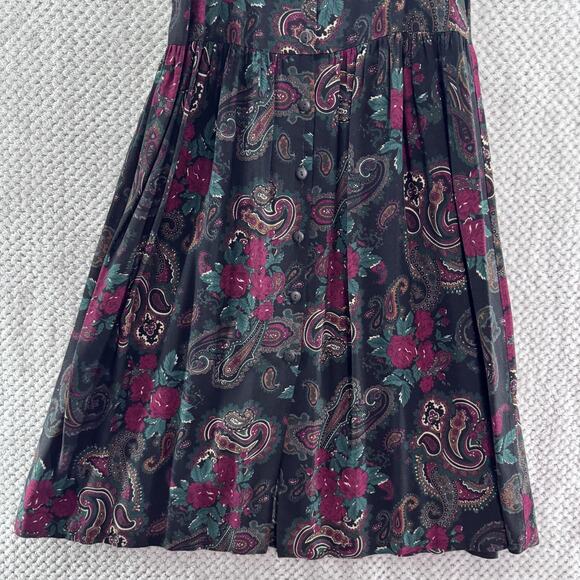 VTG Fabrizio Dress Womens S Black Paisley Rose Button Front Boho Pleated - Picture 4 of 11